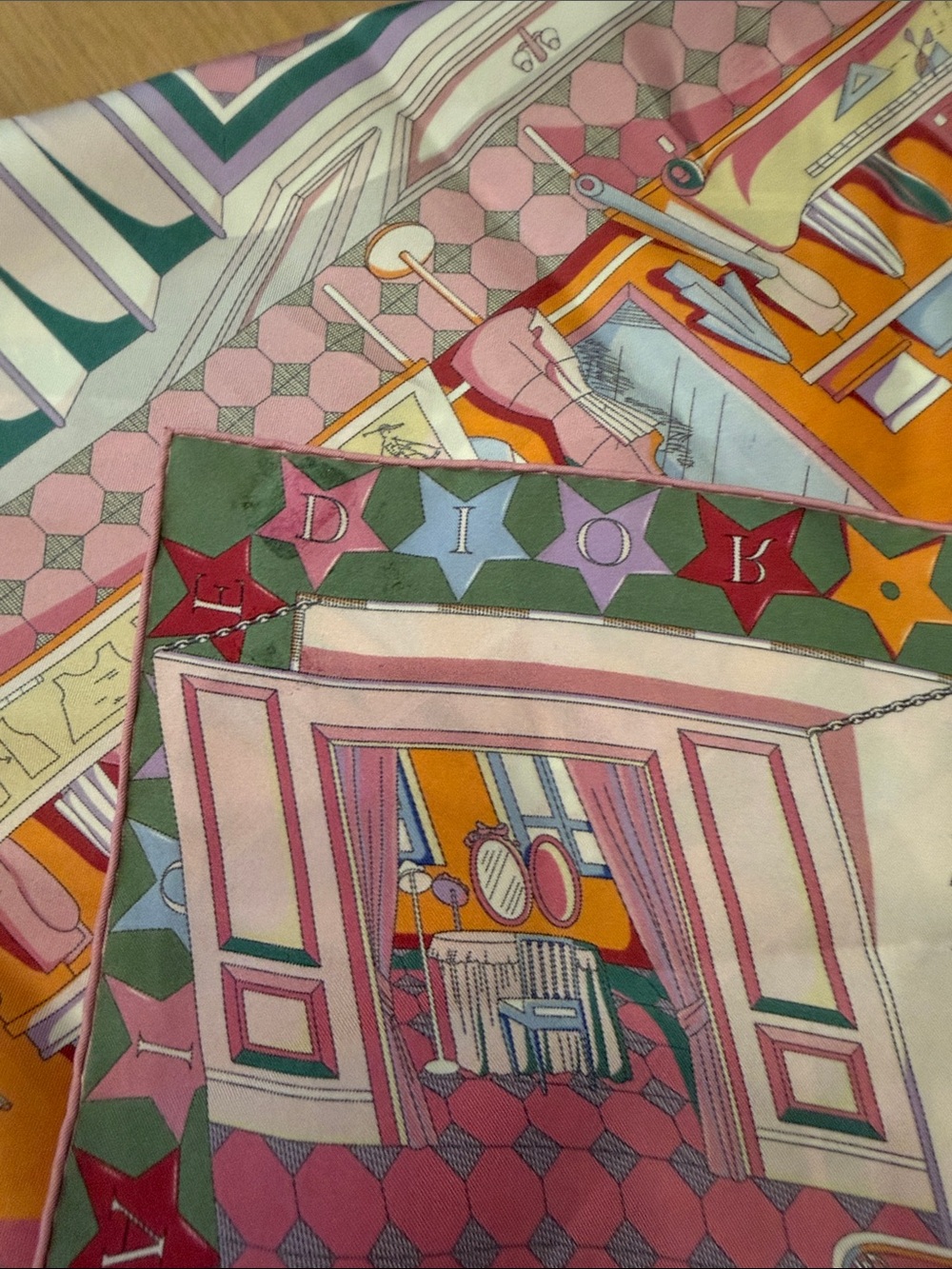 Dior Pink, Green and Yellow Illustrated Silk Scarf - Picture 9 of 9